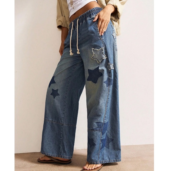 Western Star Print Patch Stretchy Waist Wide leg Denim Jean Pants - Picture 5 of 9